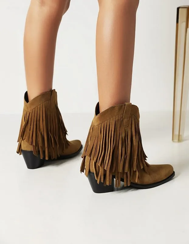 Women's Suede Tassel Booties Low Chunky Heel Closed Toe Sewn Moccasin Boots Western Cowgirl Short Ankle Shoes