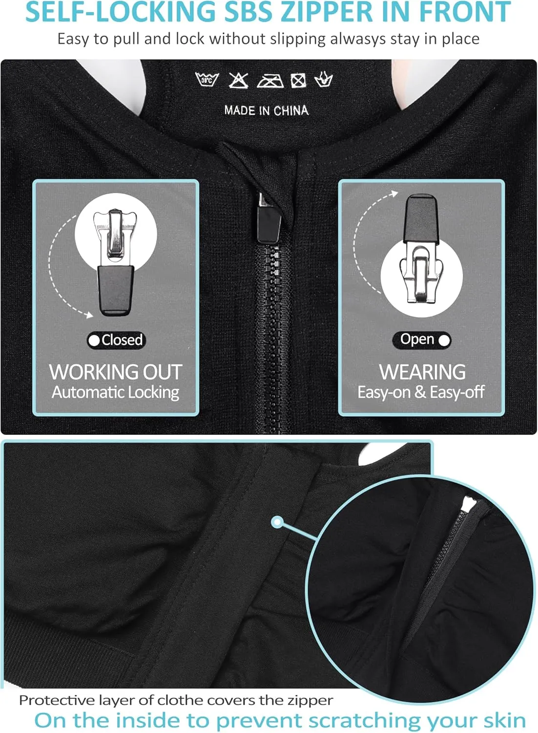 Women's Zip Front Sports Bra Wireless Post-Surgery Bra Active Yoga Sports Bras