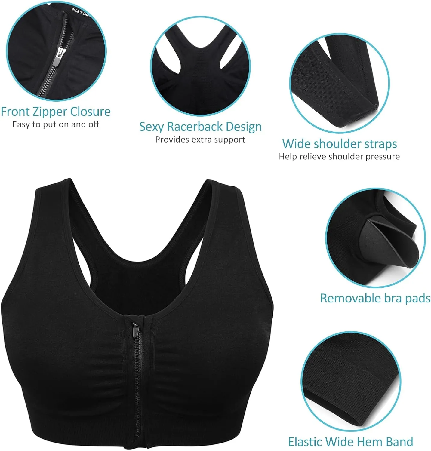 Women's Zip Front Sports Bra Wireless Post-Surgery Bra Active Yoga Sports Bras