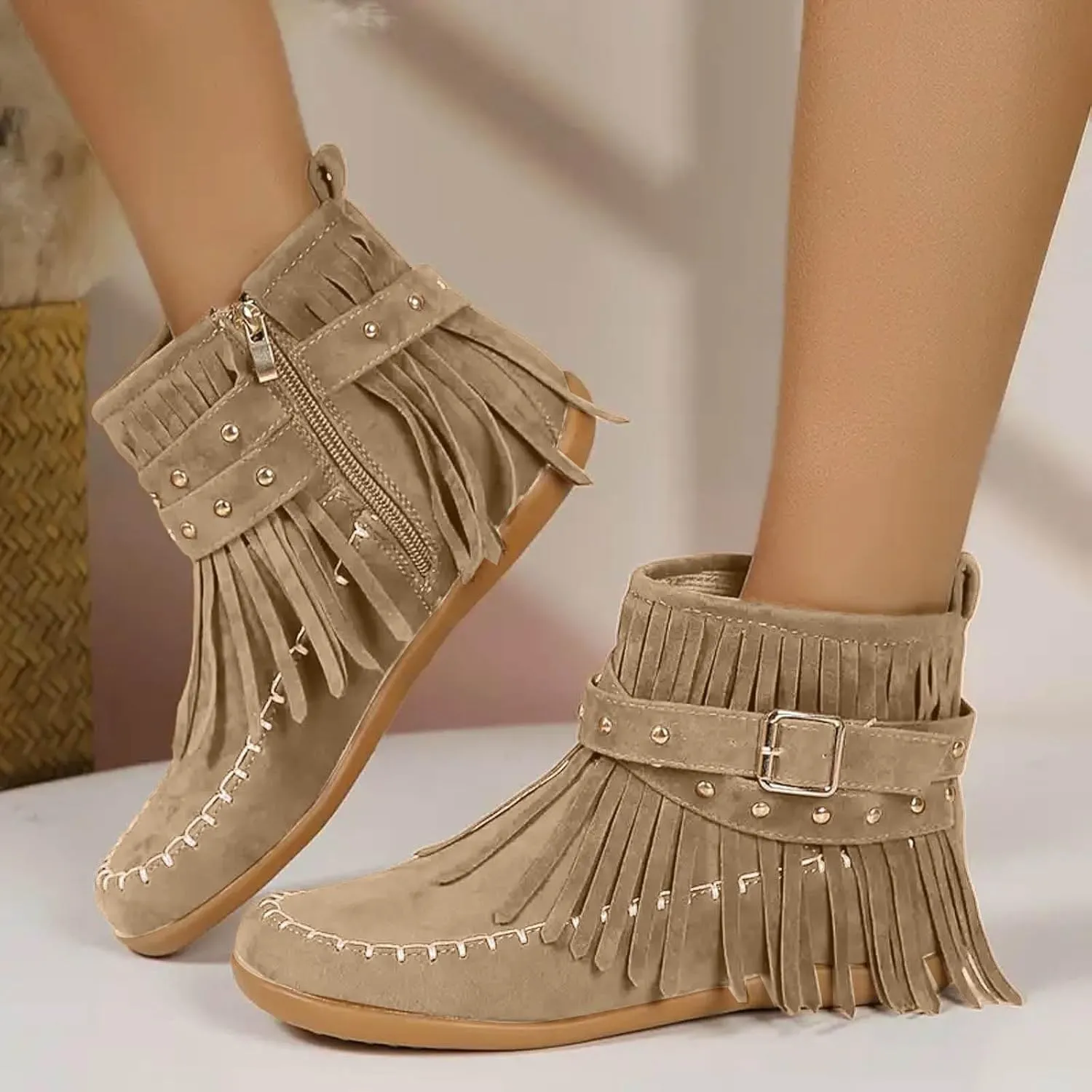 Womenyiaor Women's Fringe Western Cowgirl Boots Ankle Boots Cowboy Boots Suede Tassel Boots Fashion Pull On Short Boots Round Toe Flats Retro Winter Low Heel Booties