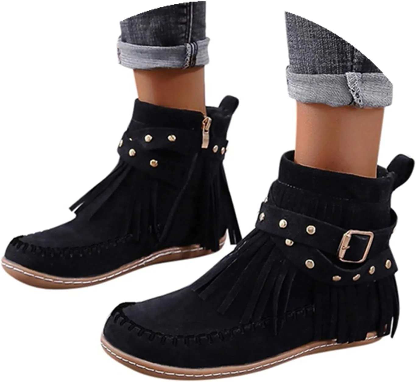 Womenyiaor Women's Fringe Western Cowgirl Boots Ankle Boots Cowboy Boots Suede Tassel Boots Fashion Pull On Short Boots Round Toe Flats Retro Winter Low Heel Booties