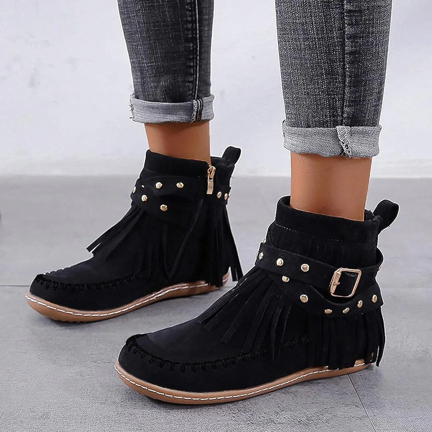 Womenyiaor Women's Fringe Western Cowgirl Boots Ankle Boots Cowboy Boots Suede Tassel Boots Fashion Pull On Short Boots Round Toe Flats Retro Winter Low Heel Booties
