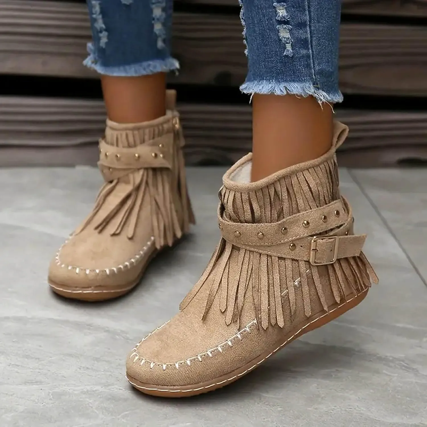 Womenyiaor Women's Fringe Western Cowgirl Boots Ankle Boots Cowboy Boots Suede Tassel Boots Fashion Pull On Short Boots Round Toe Flats Retro Winter Low Heel Booties