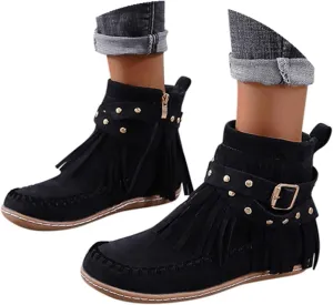 Womenyiaor Women's Fringe Western Cowgirl Boots Ankle Boots Cowboy Boots Suede Tassel Boots Fashion Pull On Short Boots Round Toe Flats Retro Winter Low Heel Booties
