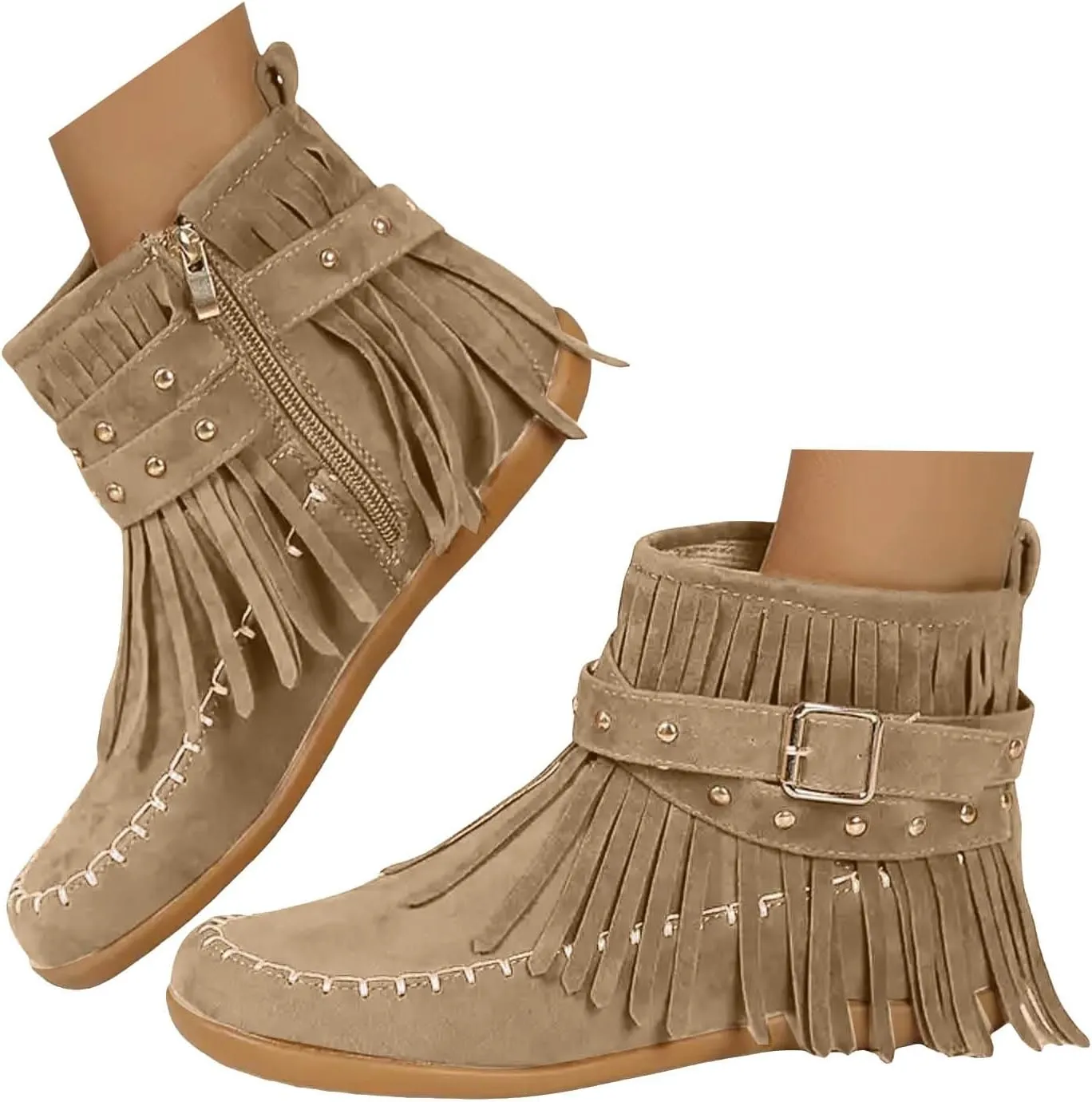 Womenyiaor Women's Fringe Western Cowgirl Boots Ankle Boots Cowboy Boots Suede Tassel Boots Fashion Pull On Short Boots Round Toe Flats Retro Winter Low Heel Booties