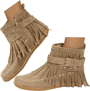 Womenyiaor Women's Fringe Western Cowgirl Boots Ankle Boots Cowboy Boots Suede Tassel Boots Fashion Pull On Short Boots Round Toe Flats Retro Winter Low Heel Booties