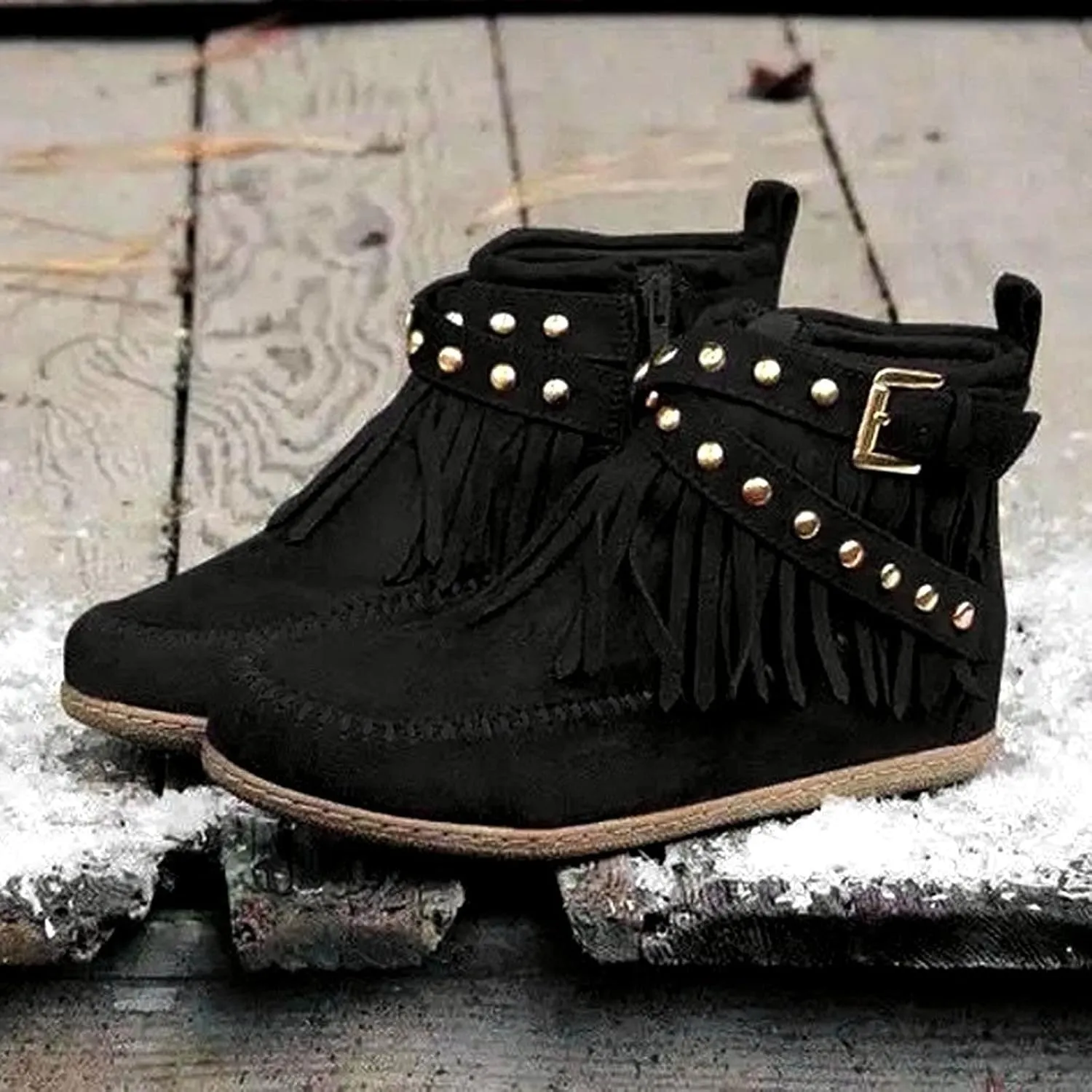 Womenyiaor Women's Fringe Western Cowgirl Boots Ankle Boots Cowboy Boots Suede Tassel Boots Fashion Pull On Short Boots Round Toe Flats Retro Winter Low Heel Booties