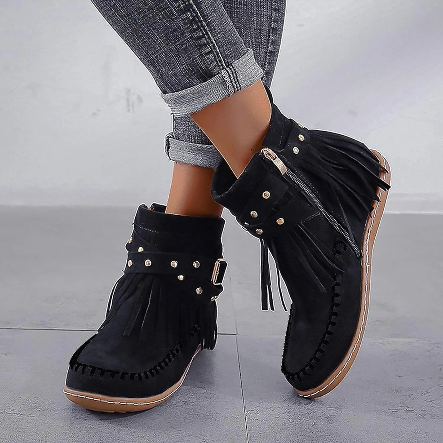 Womenyiaor Women's Fringe Western Cowgirl Boots Ankle Boots Cowboy Boots Suede Tassel Boots Fashion Pull On Short Boots Round Toe Flats Retro Winter Low Heel Booties