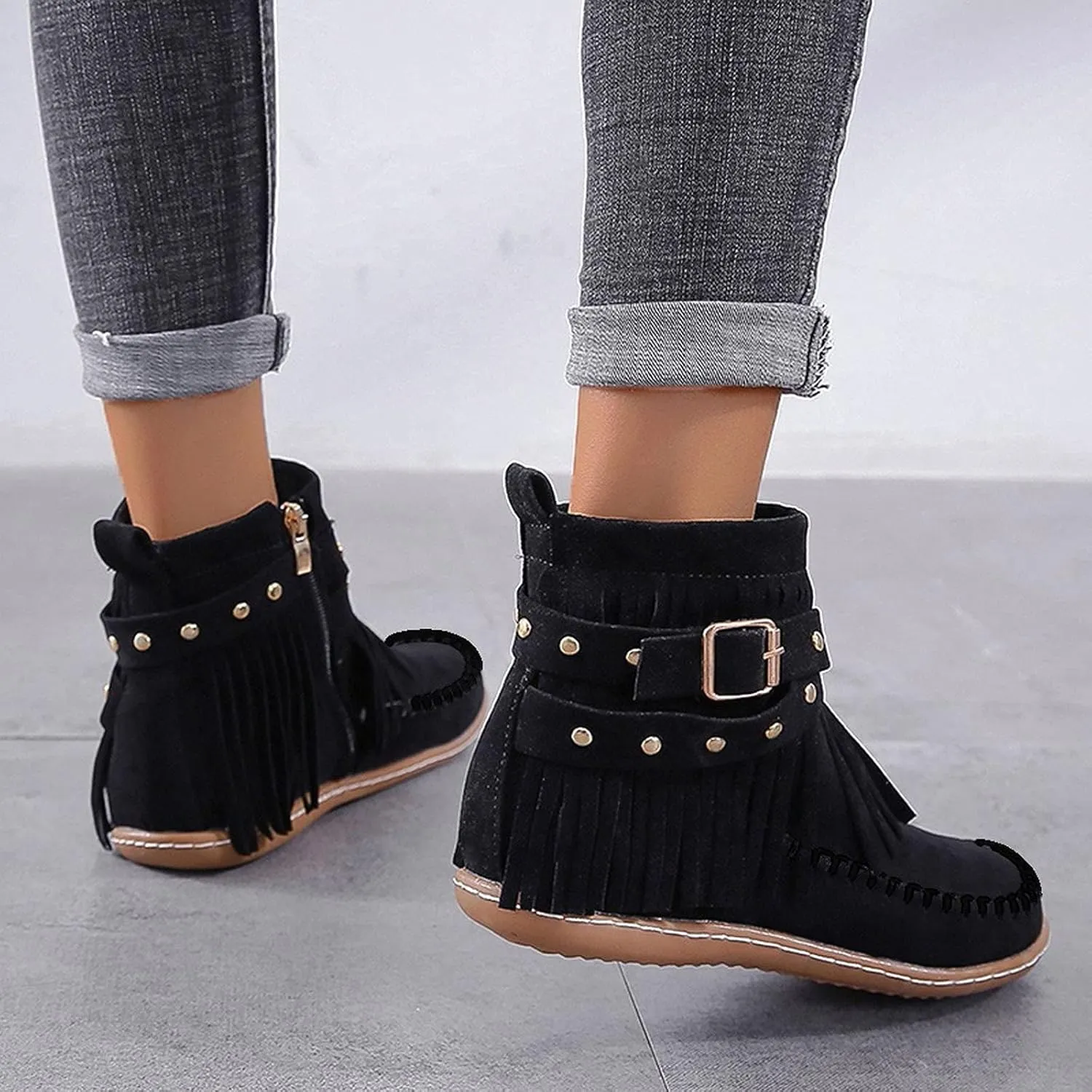 Womenyiaor Women's Fringe Western Cowgirl Boots Ankle Boots Cowboy Boots Suede Tassel Boots Fashion Pull On Short Boots Round Toe Flats Retro Winter Low Heel Booties