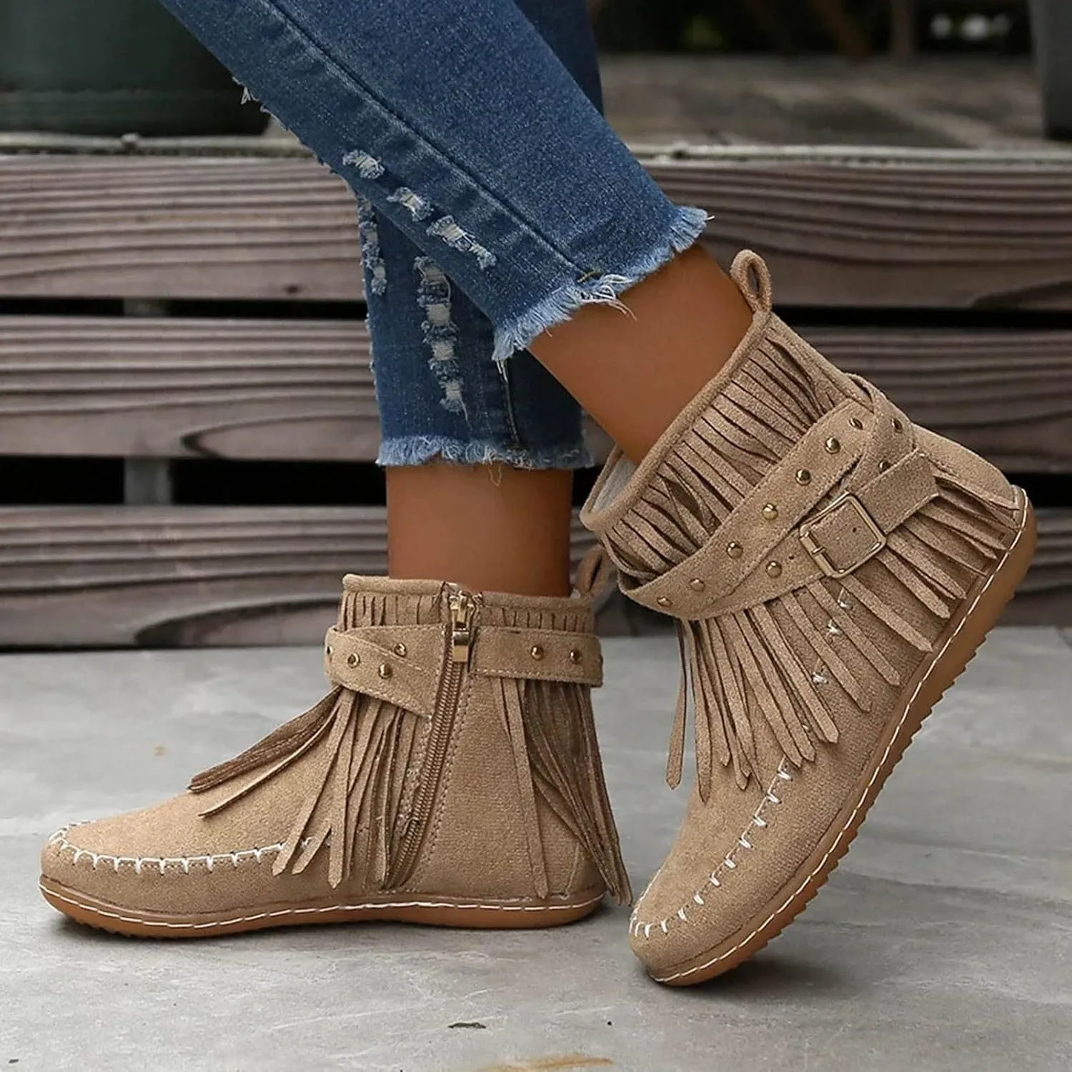 Womenyiaor Women's Fringe Western Cowgirl Boots Ankle Boots Cowboy Boots Suede Tassel Boots Fashion Pull On Short Boots Round Toe Flats Retro Winter Low Heel Booties