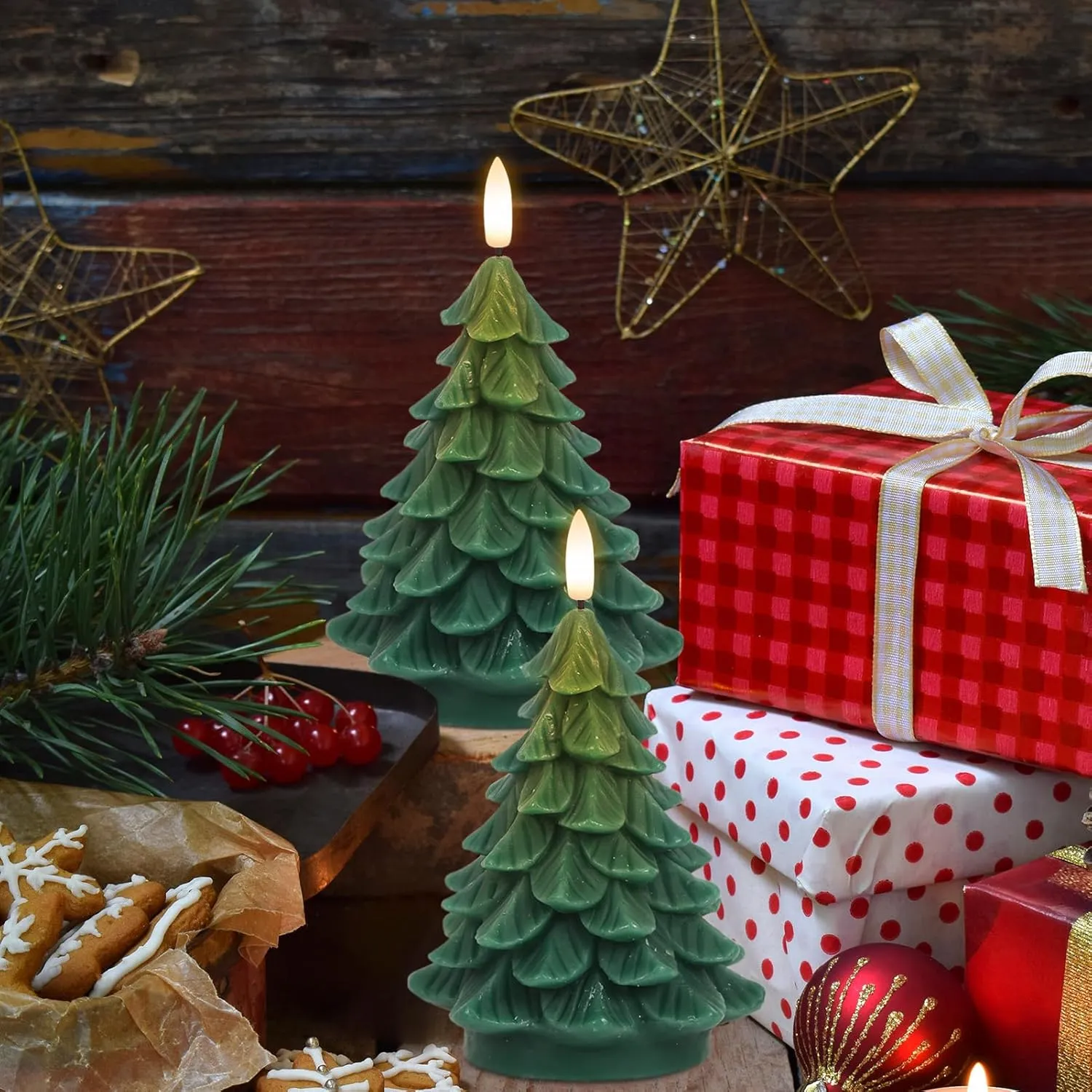 Wondise Christmas Tree Flameless Candles Timer, 2 Packs Green Real Wax Battery Operated 3D Wick LED Flickering Candles Realistic Christmas Tree for Christmas Holiday Indoor Dinner Decor(2.76" x 5.9")