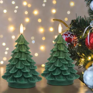 Wondise Christmas Tree Flameless Candles Timer, 2 Packs Green Real Wax Battery Operated 3D Wick LED Flickering Candles Realistic Christmas Tree for Christmas Holiday Indoor Dinner Decor(2.76" x 5.9")