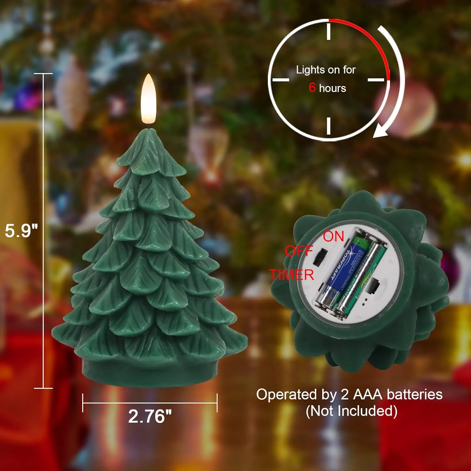 Wondise Christmas Tree Flameless Candles Timer, 2 Packs Green Real Wax Battery Operated 3D Wick LED Flickering Candles Realistic Christmas Tree for Christmas Holiday Indoor Dinner Decor(2.76" x 5.9")