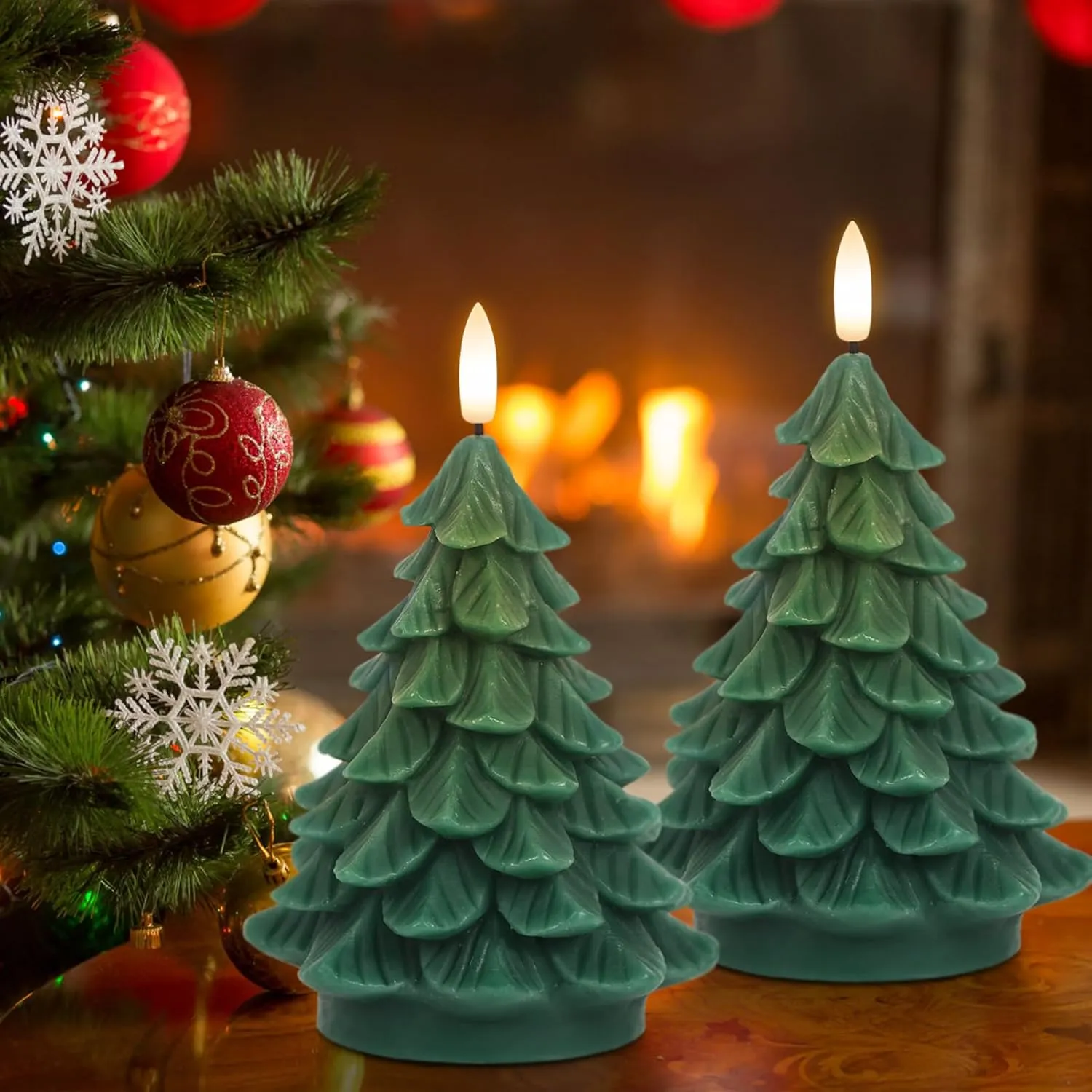 Wondise Christmas Tree Flameless Candles Timer, 2 Packs Green Real Wax Battery Operated 3D Wick LED Flickering Candles Realistic Christmas Tree for Christmas Holiday Indoor Dinner Decor(2.76" x 5.9")