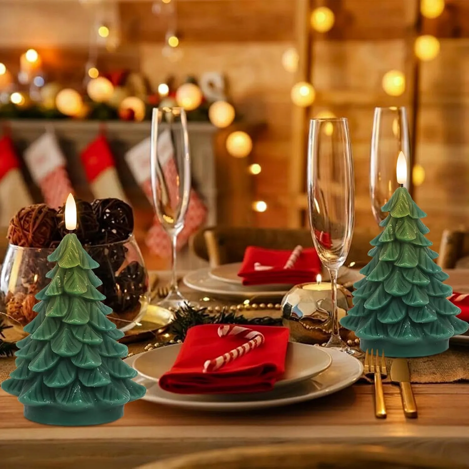 Wondise Christmas Tree Flameless Candles Timer, 2 Packs Green Real Wax Battery Operated 3D Wick LED Flickering Candles Realistic Christmas Tree for Christmas Holiday Indoor Dinner Decor(2.76" x 5.9")