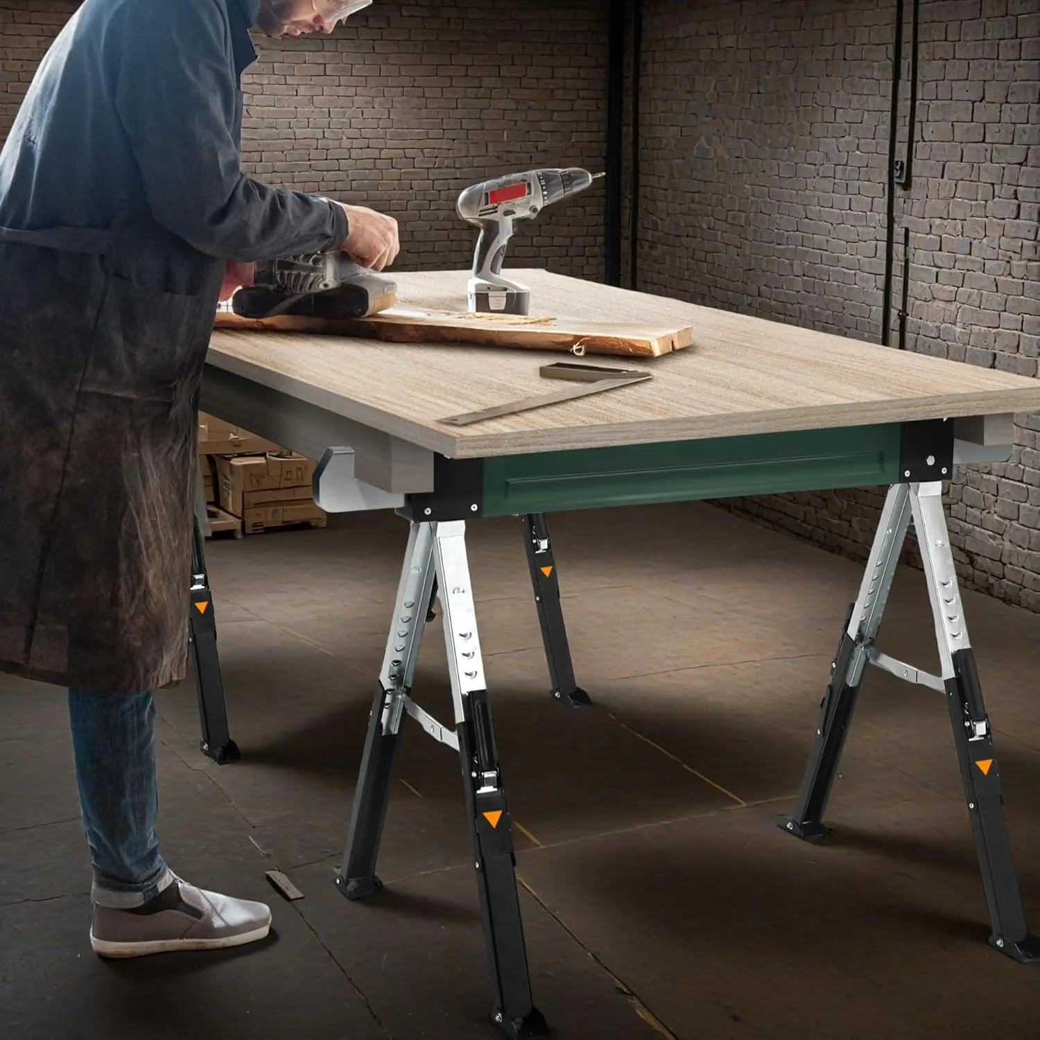 YITAHOME Workhorse Sawhorses 2-Pack, Metal Sawhorse Stands with Heavy Duty Folding Legs, 8 Adjustable Heights, 4x4 Brackets, Built-in Bottle Opener for Woodworking & Contractors
