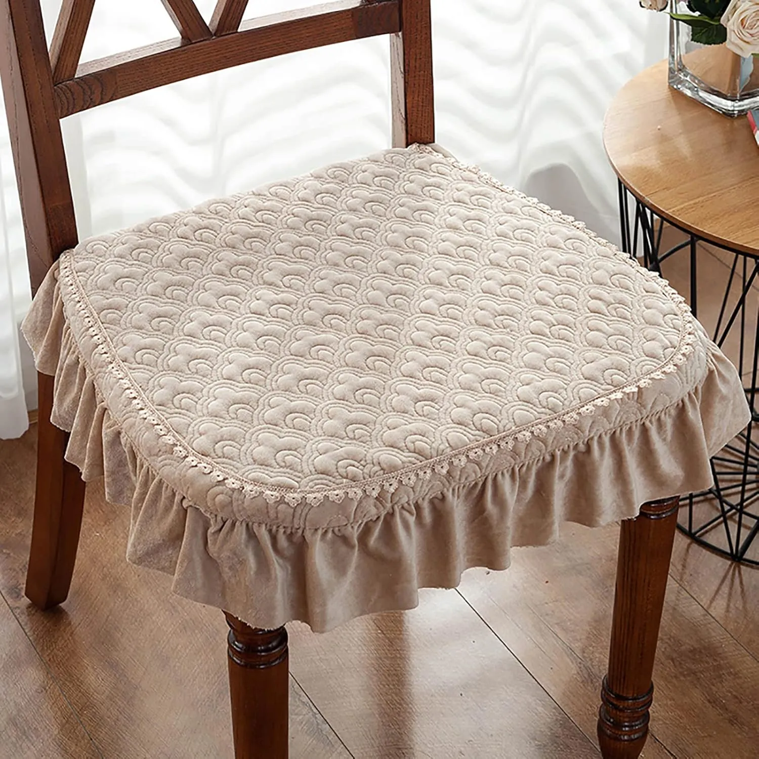 Yizc Lace Ruffle Chair Cushion,Non Slip European Seat Cushion Square Thicken Chair Pad with Ties,Luxury Decorative Chair Cover for Dining Chair Office Chairs-Beige 43x45cm(17x18inch)