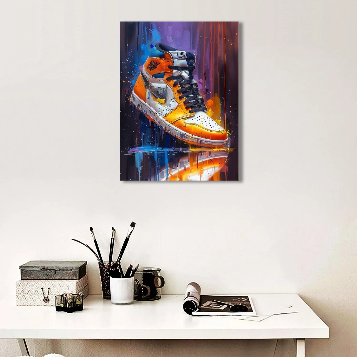 Ypxzzj Graffiti Style Sneaker Canvas Wall Art Sport Basketball Shoe Picture Posters Artwork Modern Urban Sports Prints for Living Room Bedroom Home Decor Framed Ready to Hang(12''x16'')