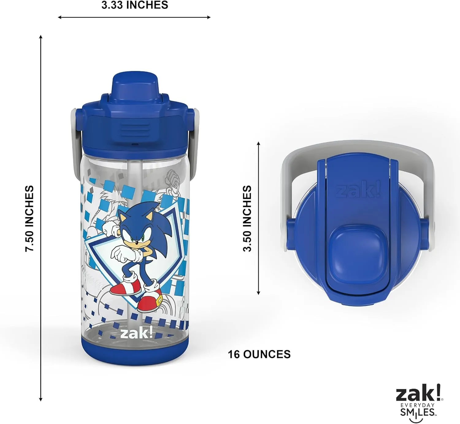 Zak Designs Beacon Bottle Set of 2, Sonic the Hedgehog - 16 oz each - Durable Plastic - Silicone Spout & Leak-Proof Lid - Dishwasher Safe