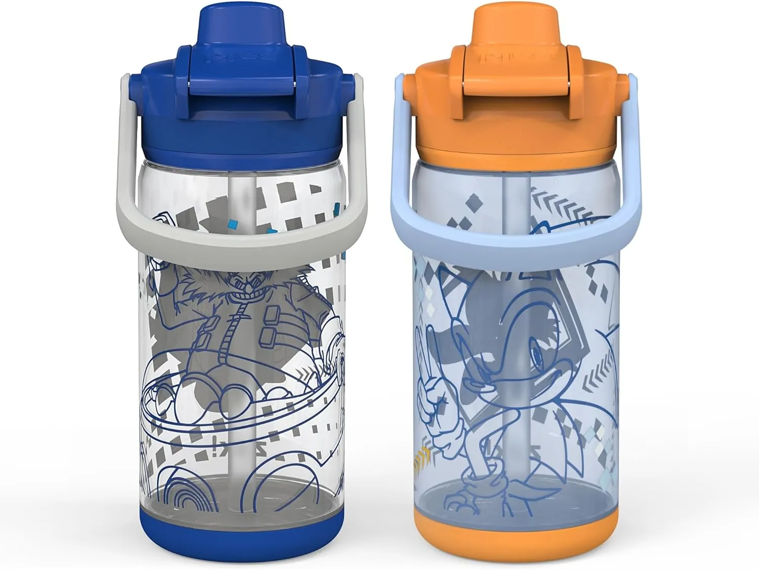 Zak Designs Beacon Bottle Set of 2, Sonic the Hedgehog - 16 oz each - Durable Plastic - Silicone Spout & Leak-Proof Lid - Dishwasher Safe