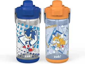 Zak Designs Beacon Bottle Set of 2, Sonic the Hedgehog - 16 oz each - Durable Plastic - Silicone Spout & Leak-Proof Lid - Dishwasher Safe