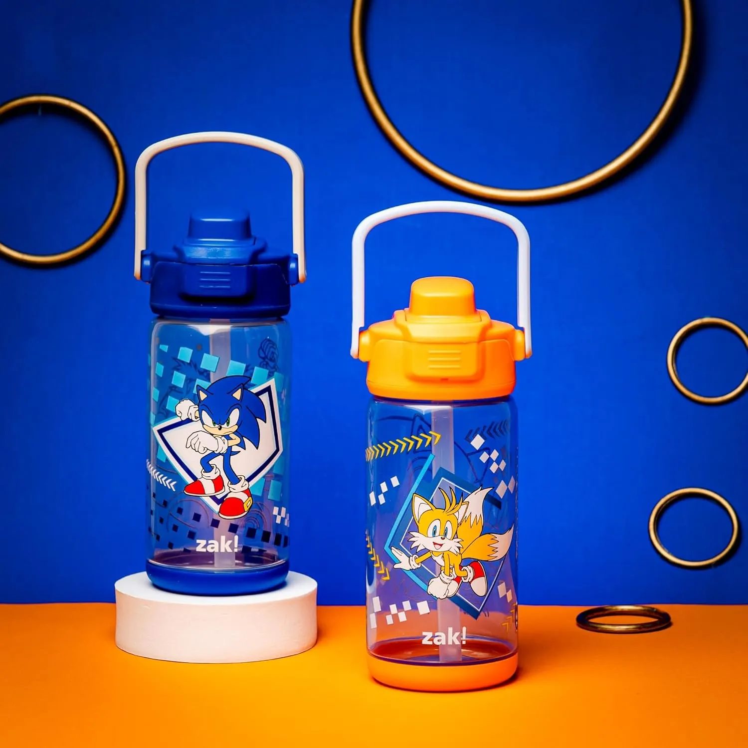 Zak Designs Beacon Bottle Set of 2, Sonic the Hedgehog - 16 oz each - Durable Plastic - Silicone Spout & Leak-Proof Lid - Dishwasher Safe