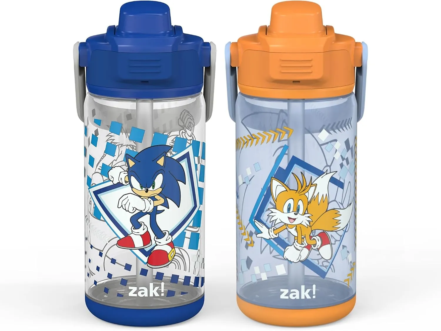 Zak Designs Beacon Bottle Set of 2, Sonic the Hedgehog - 16 oz each - Durable Plastic - Silicone Spout & Leak-Proof Lid - Dishwasher Safe