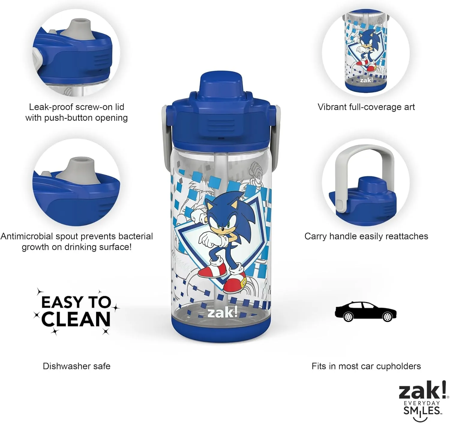 Zak Designs Beacon Bottle Set of 2, Sonic the Hedgehog - 16 oz each - Durable Plastic - Silicone Spout & Leak-Proof Lid - Dishwasher Safe