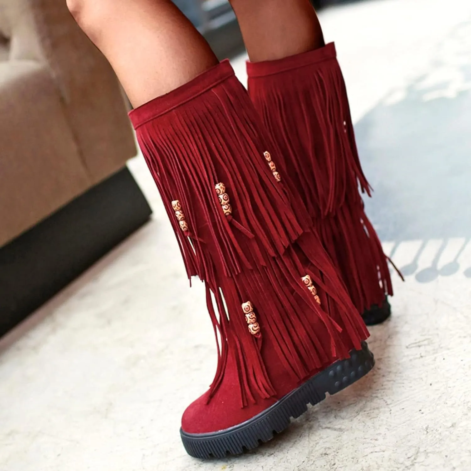 ZDLJYL Women's Fringe Suede Mid-Calf Boots,Fall Winter Cute Beaded Hidden Wedge Hippie Moccasin Boots Knee High Tassel Boots