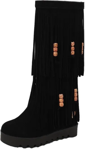 ZDLJYL Women's Fringe Suede Mid-Calf Boots,Fall Winter Cute Beaded Hidden Wedge Hippie Moccasin Boots Knee High Tassel Boots