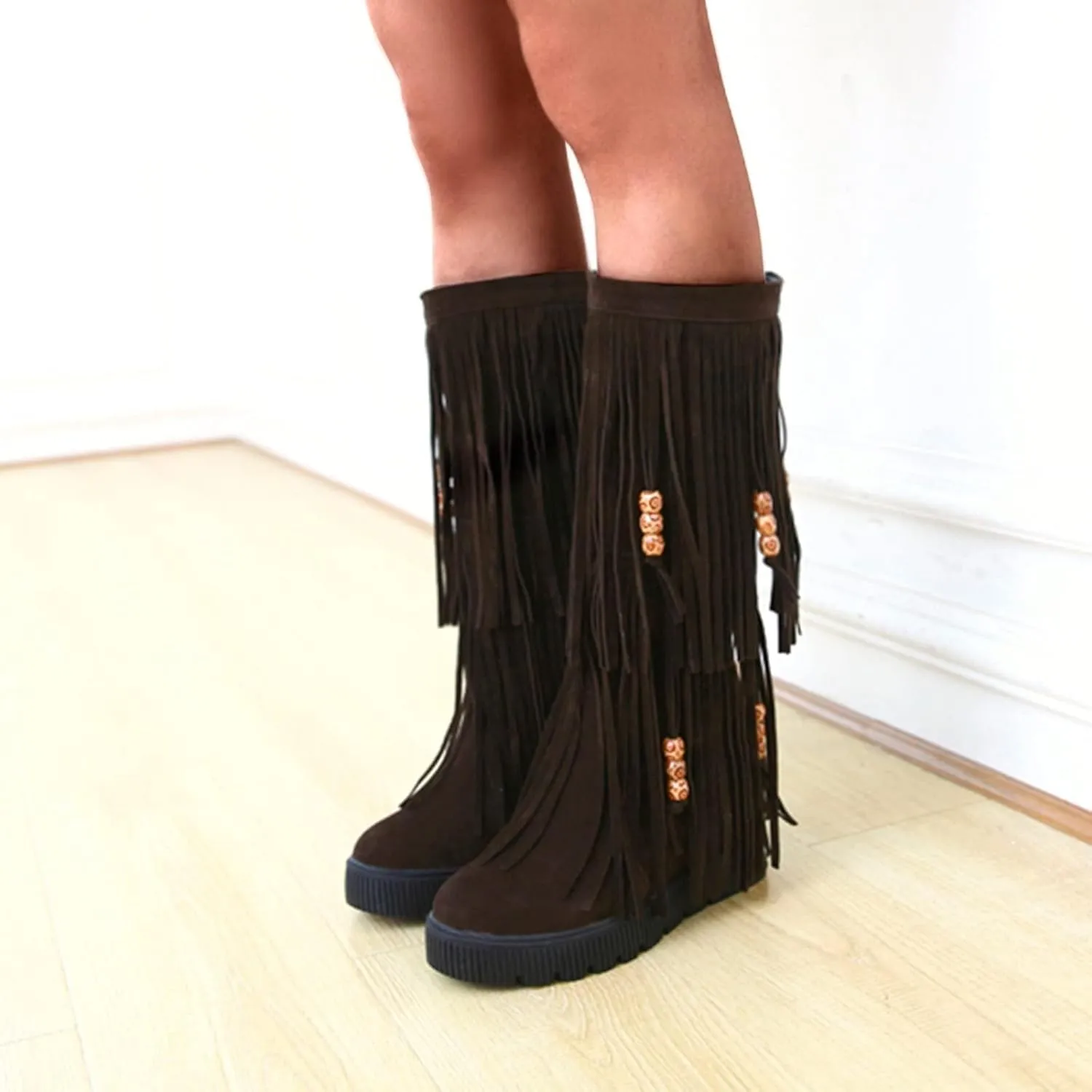 ZDLJYL Women's Fringe Suede Mid-Calf Boots,Fall Winter Cute Beaded Hidden Wedge Hippie Moccasin Boots Knee High Tassel Boots