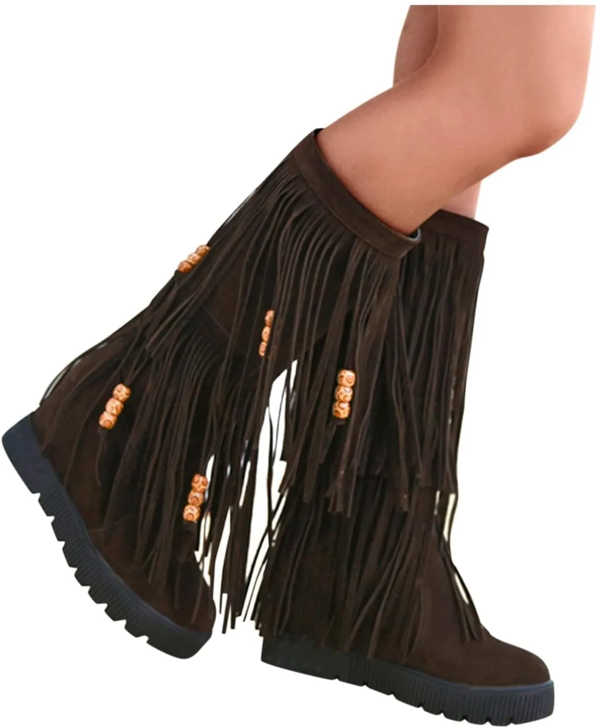 ZDLJYL Women's Fringe Suede Mid-Calf Boots,Fall Winter Cute Beaded Hidden Wedge Hippie Moccasin Boots Knee High Tassel Boots