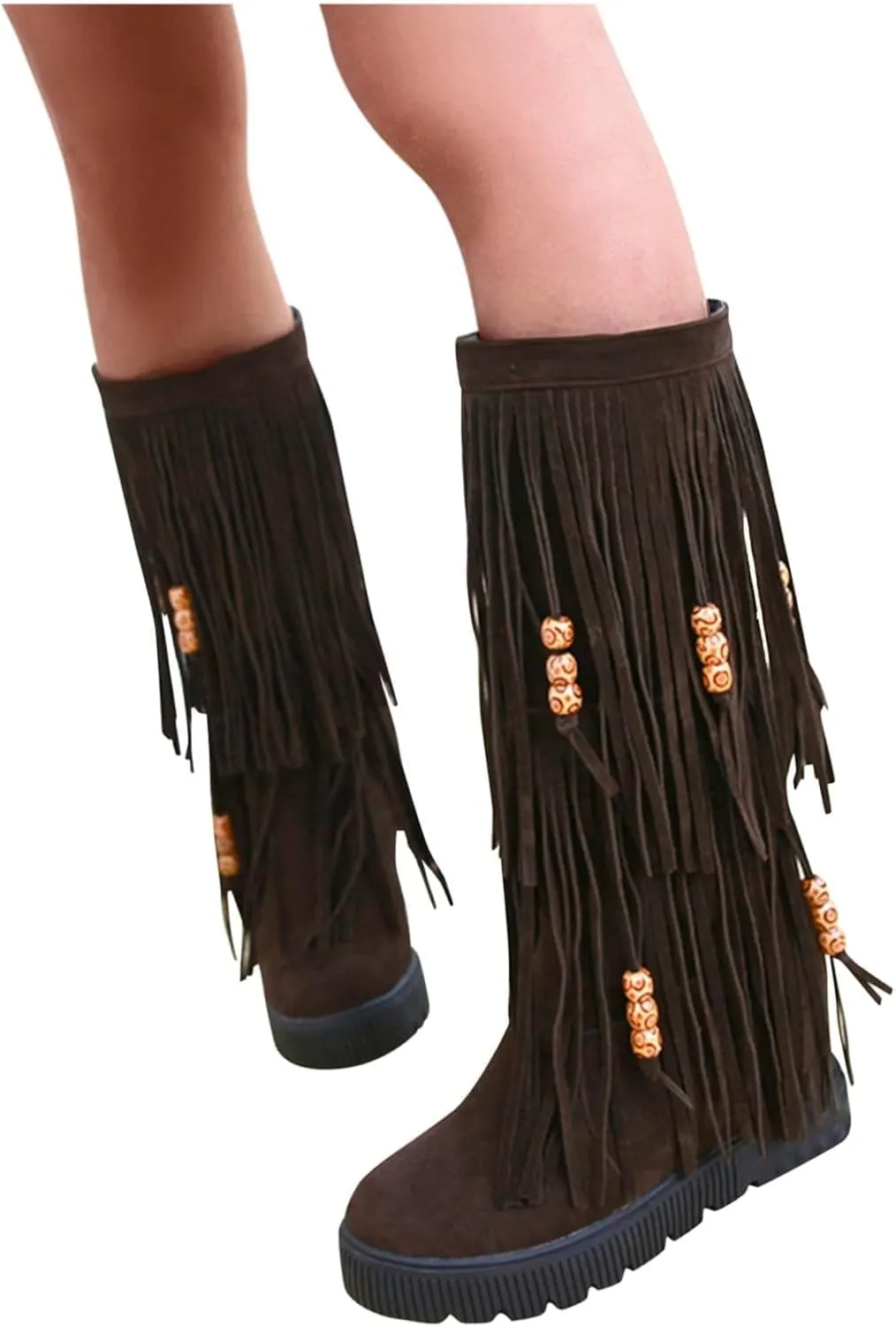 ZDLJYL Women's Fringe Suede Mid-Calf Boots,Fall Winter Cute Beaded Hidden Wedge Hippie Moccasin Boots Knee High Tassel Boots