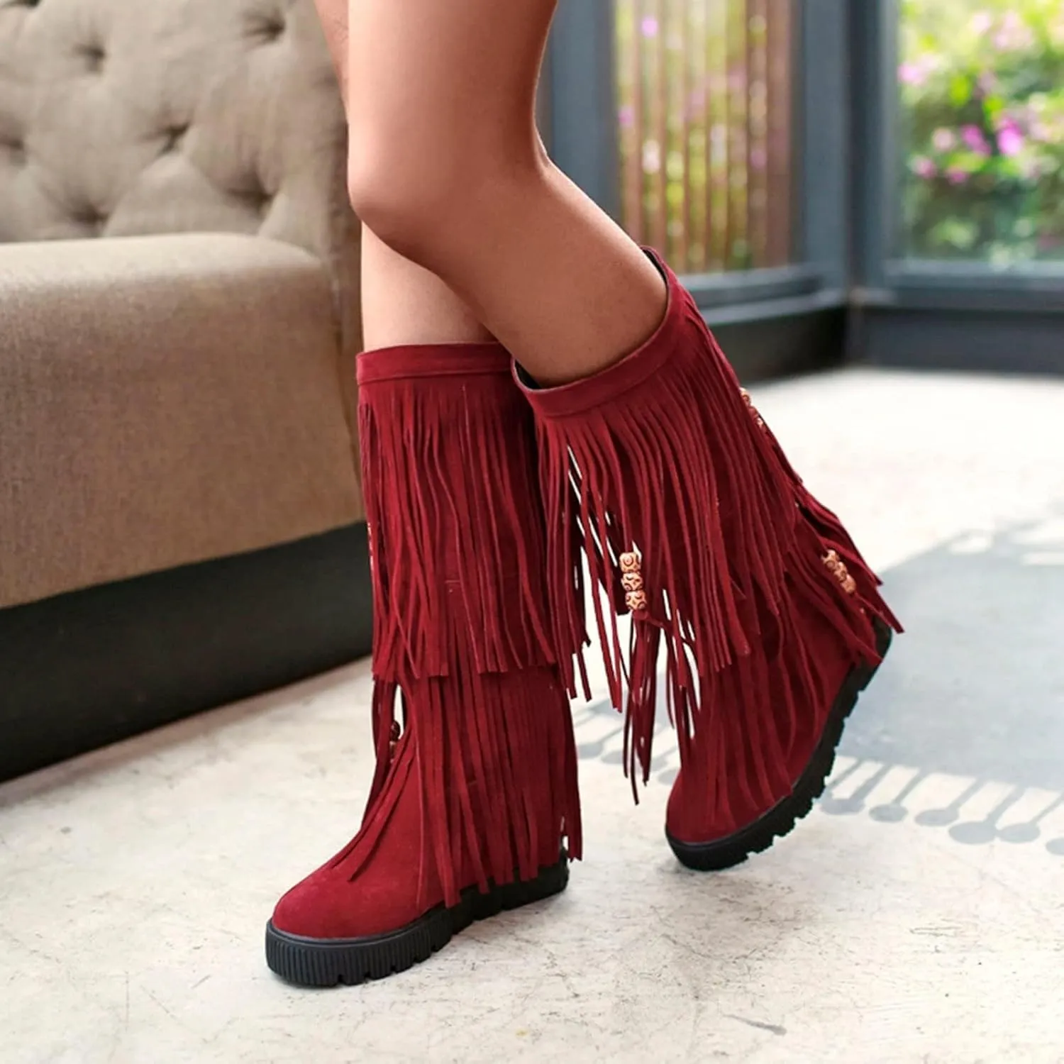ZDLJYL Women's Fringe Suede Mid-Calf Boots,Fall Winter Cute Beaded Hidden Wedge Hippie Moccasin Boots Knee High Tassel Boots