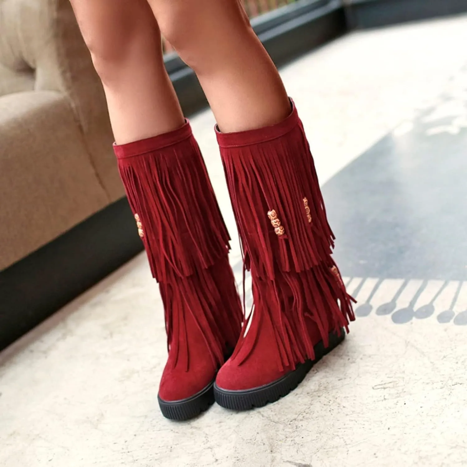 ZDLJYL Women's Fringe Suede Mid-Calf Boots,Fall Winter Cute Beaded Hidden Wedge Hippie Moccasin Boots Knee High Tassel Boots