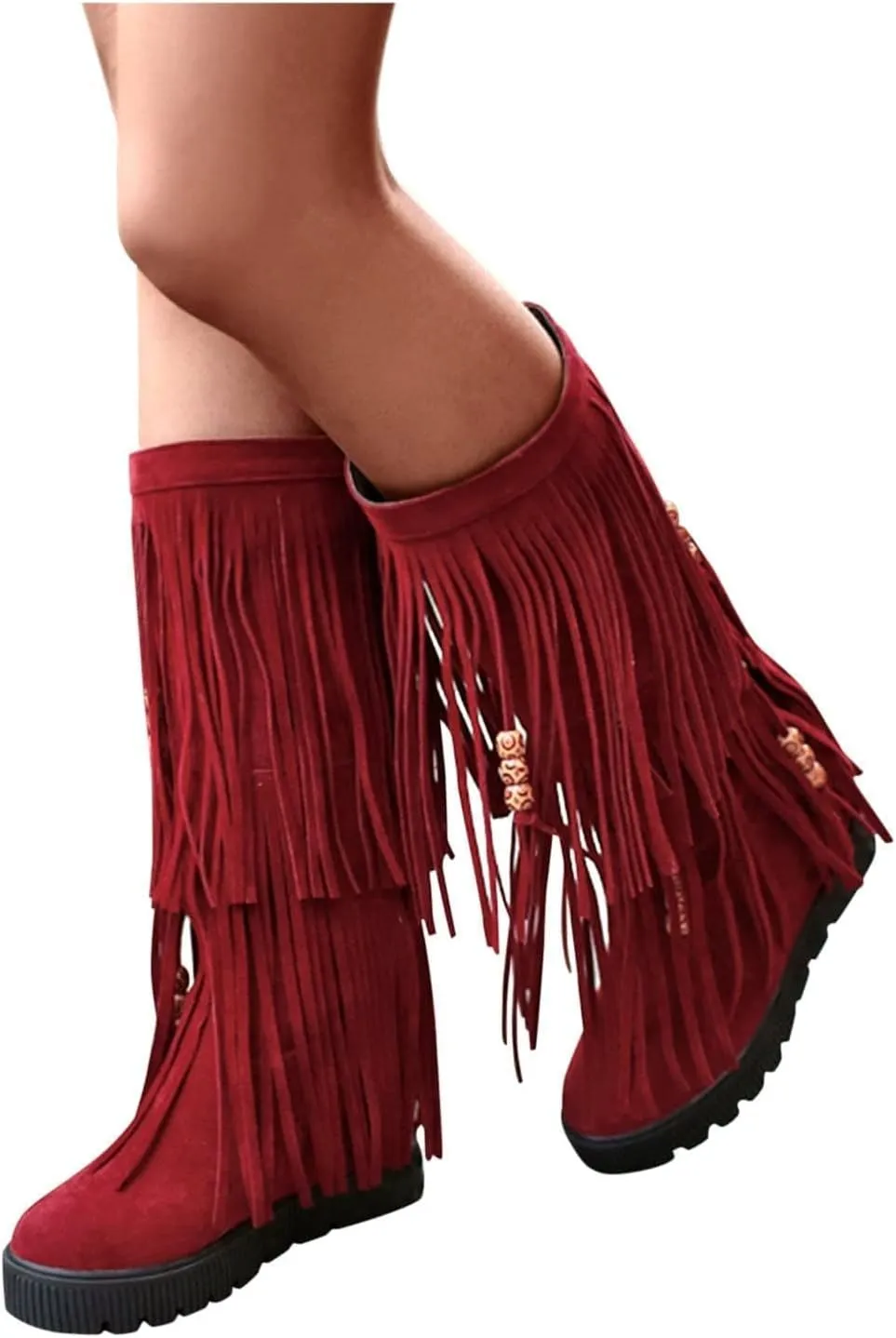 ZDLJYL Women's Fringe Suede Mid-Calf Boots,Fall Winter Cute Beaded Hidden Wedge Hippie Moccasin Boots Knee High Tassel Boots