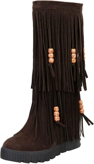 ZDLJYL Women's Fringe Suede Mid-Calf Boots,Fall Winter Cute Beaded Hidden Wedge Hippie Moccasin Boots Knee High Tassel Boots