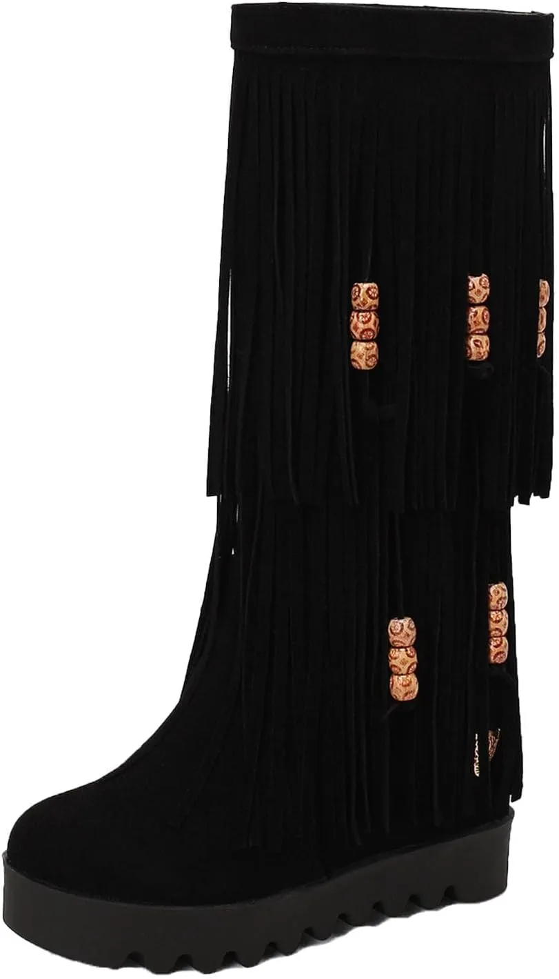 ZDLJYL Women's Fringe Suede Mid-Calf Boots,Fall Winter Cute Beaded Hidden Wedge Hippie Moccasin Boots Knee High Tassel Boots