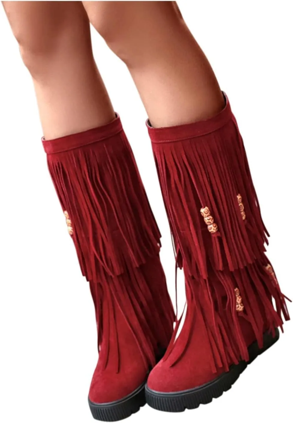ZDLJYL Women's Fringe Suede Mid-Calf Boots,Fall Winter Cute Beaded Hidden Wedge Hippie Moccasin Boots Knee High Tassel Boots