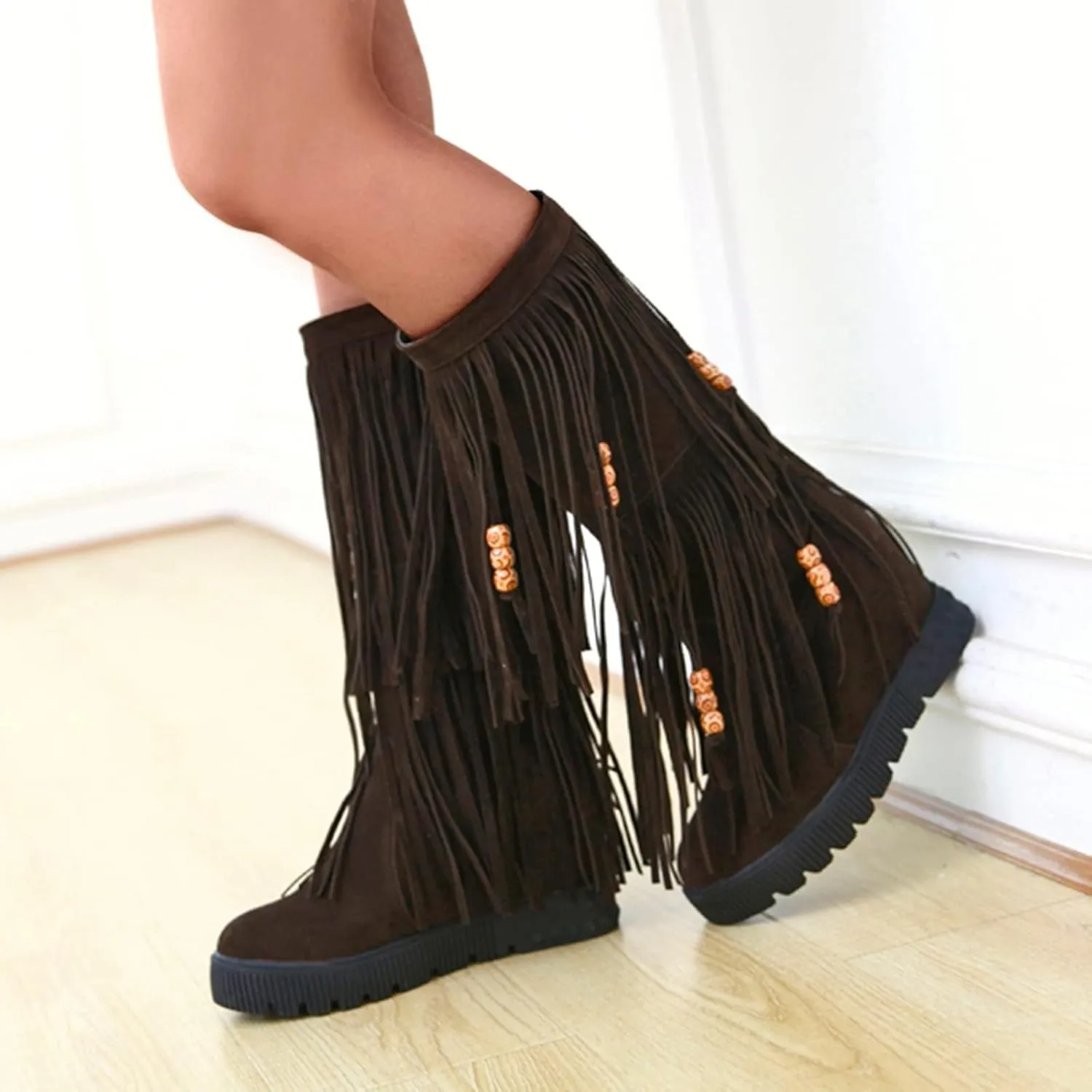 ZDLJYL Women's Fringe Suede Mid-Calf Boots,Fall Winter Cute Beaded Hidden Wedge Hippie Moccasin Boots Knee High Tassel Boots